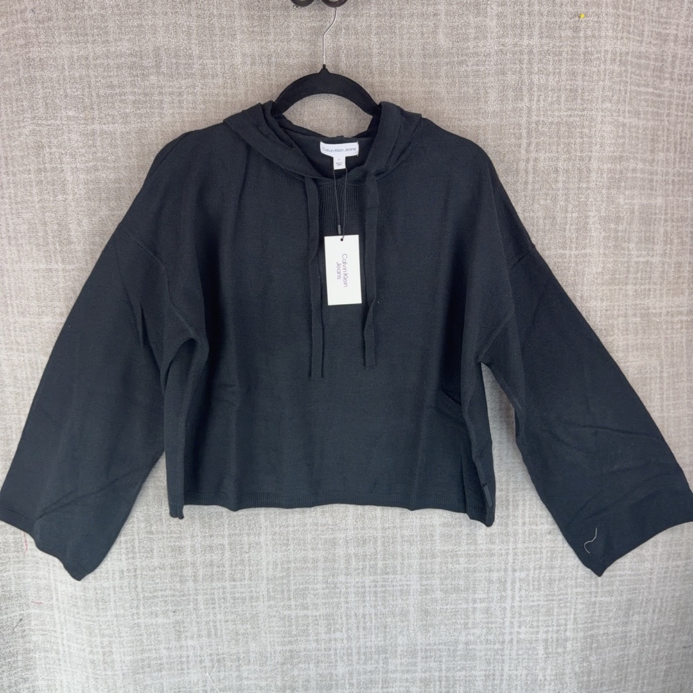 Calvin Klein Jeans Jacket Womens M Black Hooded Pullover Ribbed Hem Drawstring